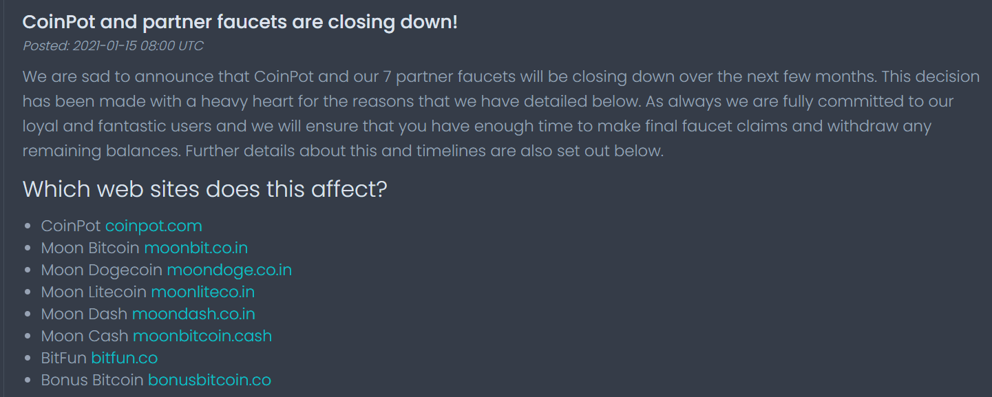 Screenshot of CoinPot’s webpage about their closure.