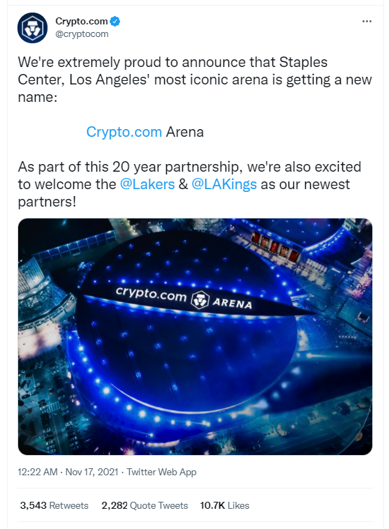 Staples Center to be renamed Crypto.com Arena as part of 20-year