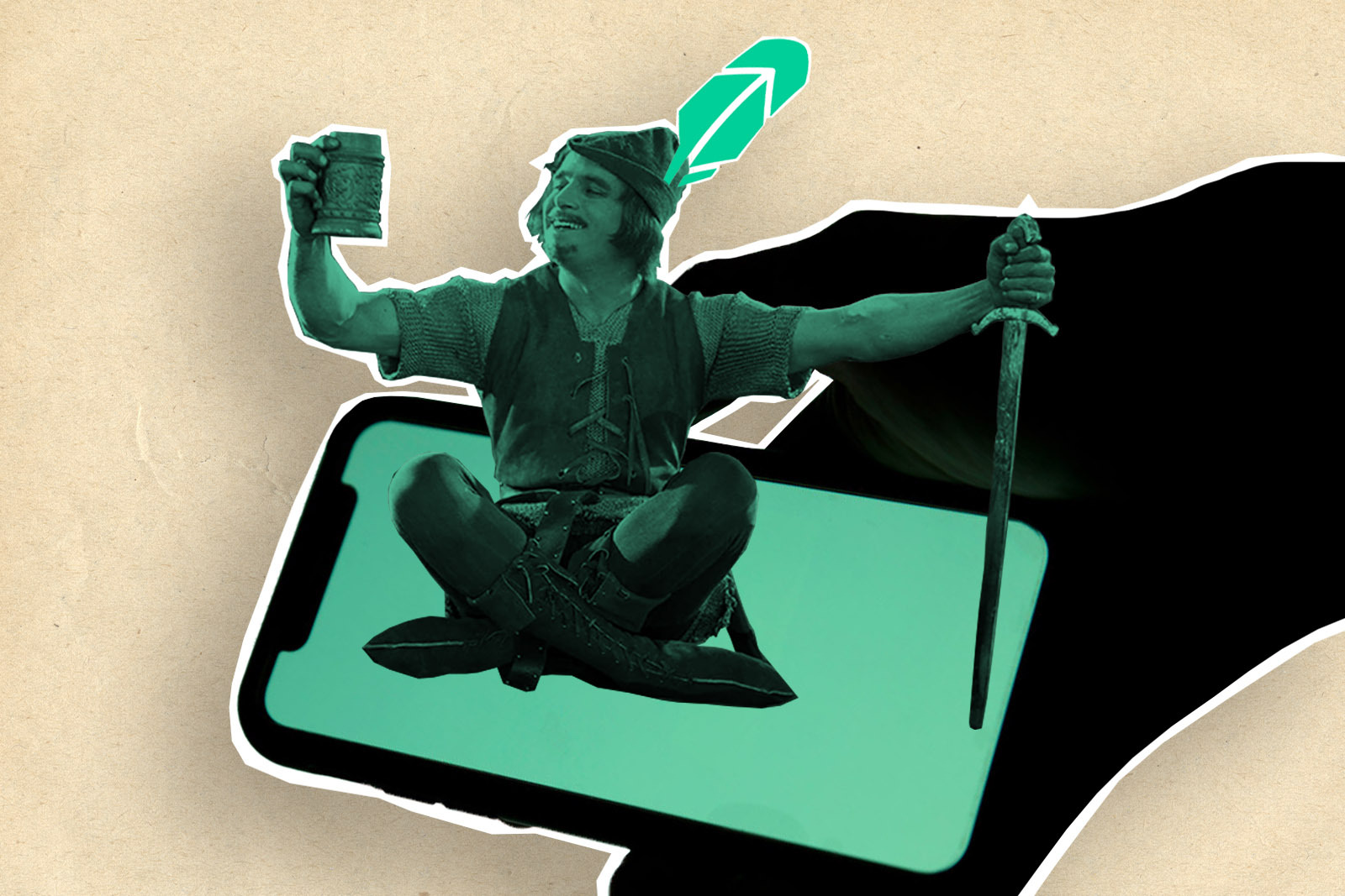 A silhouetted hand holds a phone with a green screen. A miniature Robin Hood is sat on the phone holding a sword.