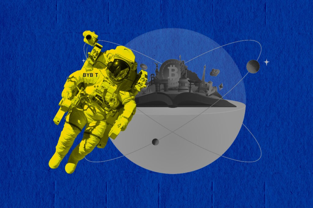 An astronaut wearing a yellow suite floating in outer space towards a giant book with the Bitcoin symbol poking out of it.