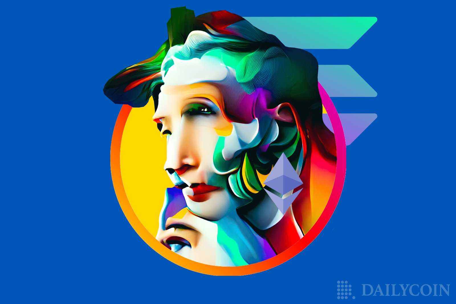 A visual art portrait of a woman with Ethereum earrings in front of Solana logo.