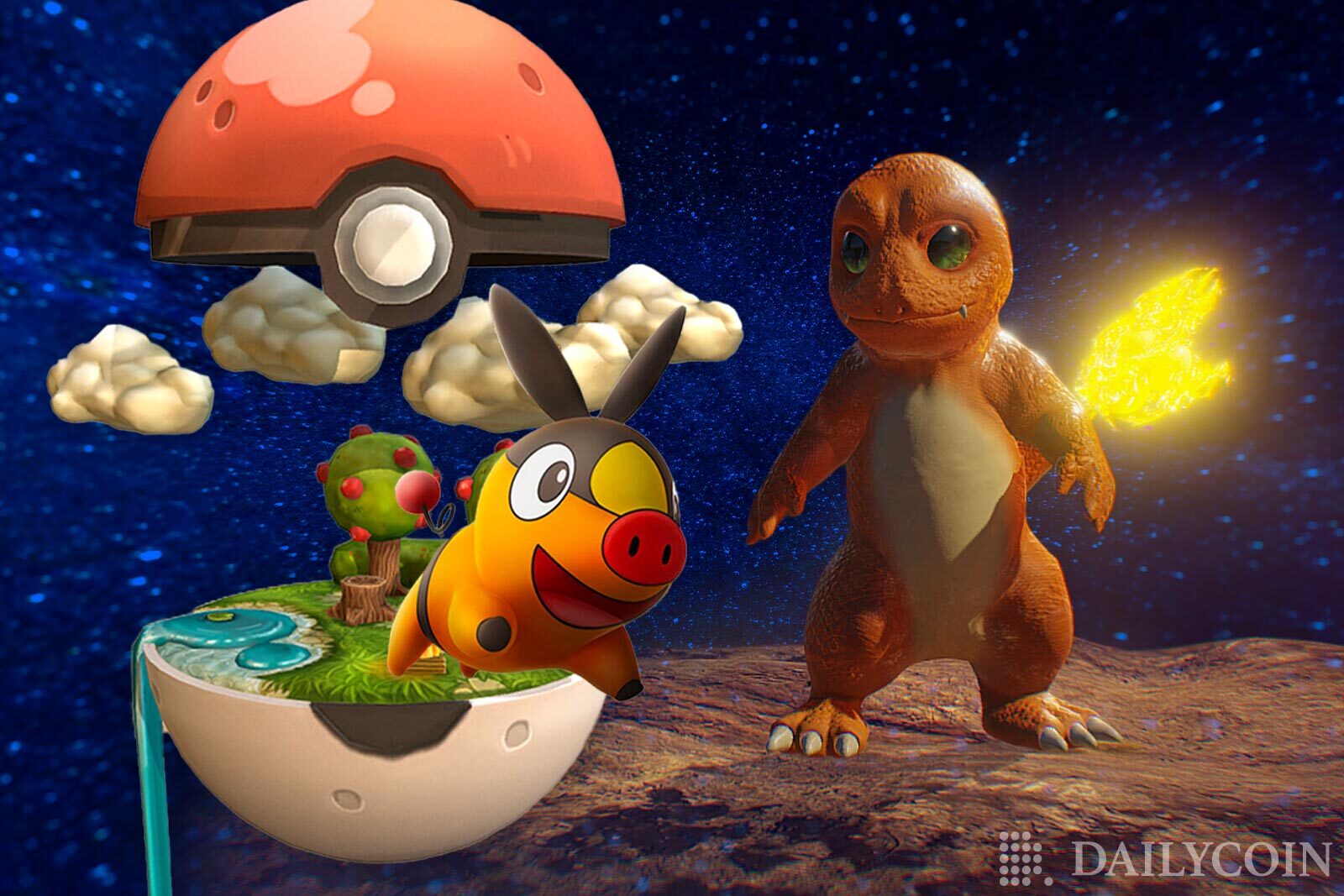 Pokemons coming out of a Pokeball on an alien planet in the outer space.