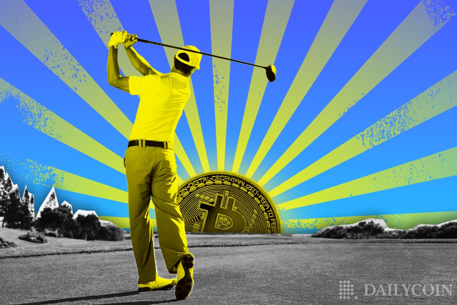 A man playing golf in a field with a rising Bitcoin sun.