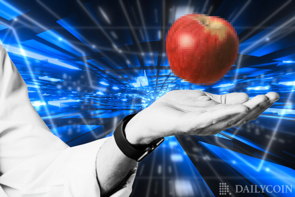 Hand holding an apple in a metaverse