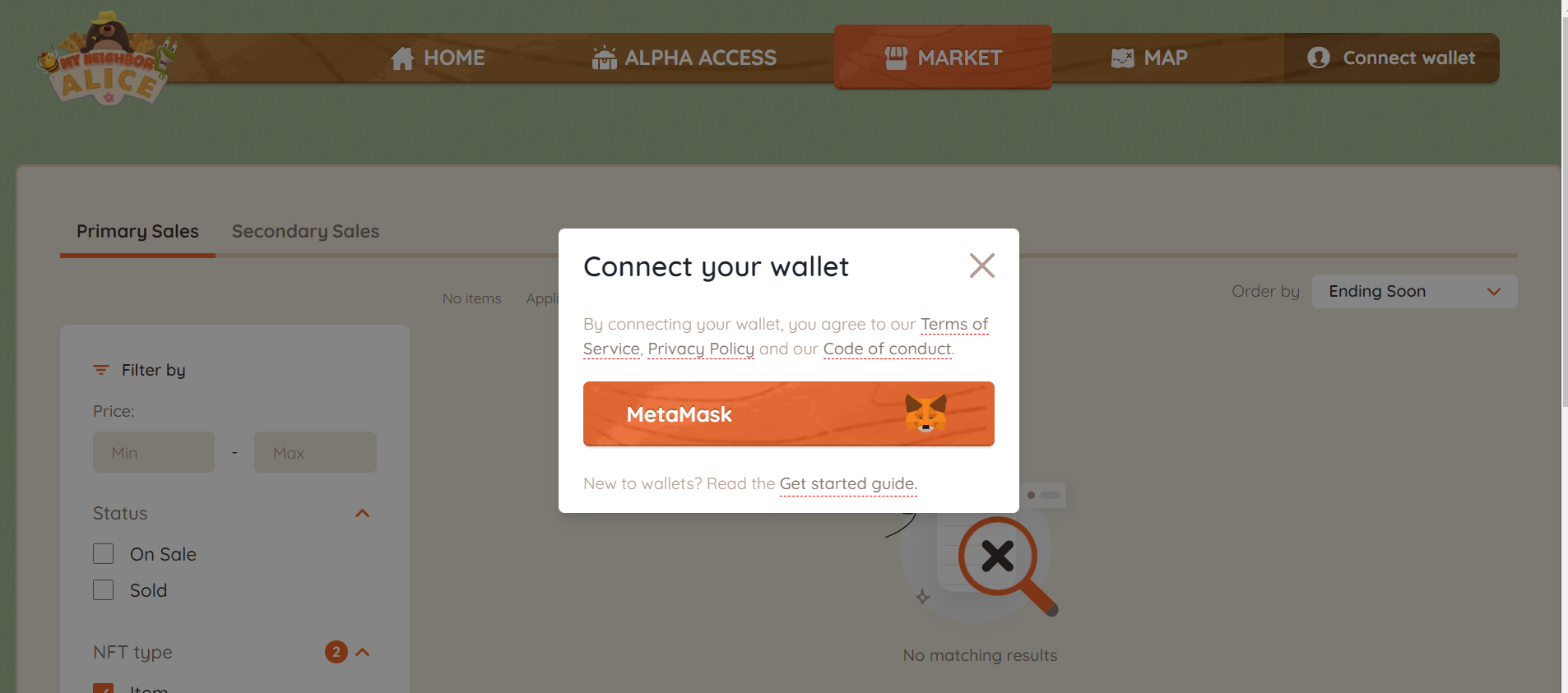 How to Connect to the My Neighbor Alice Marketplace