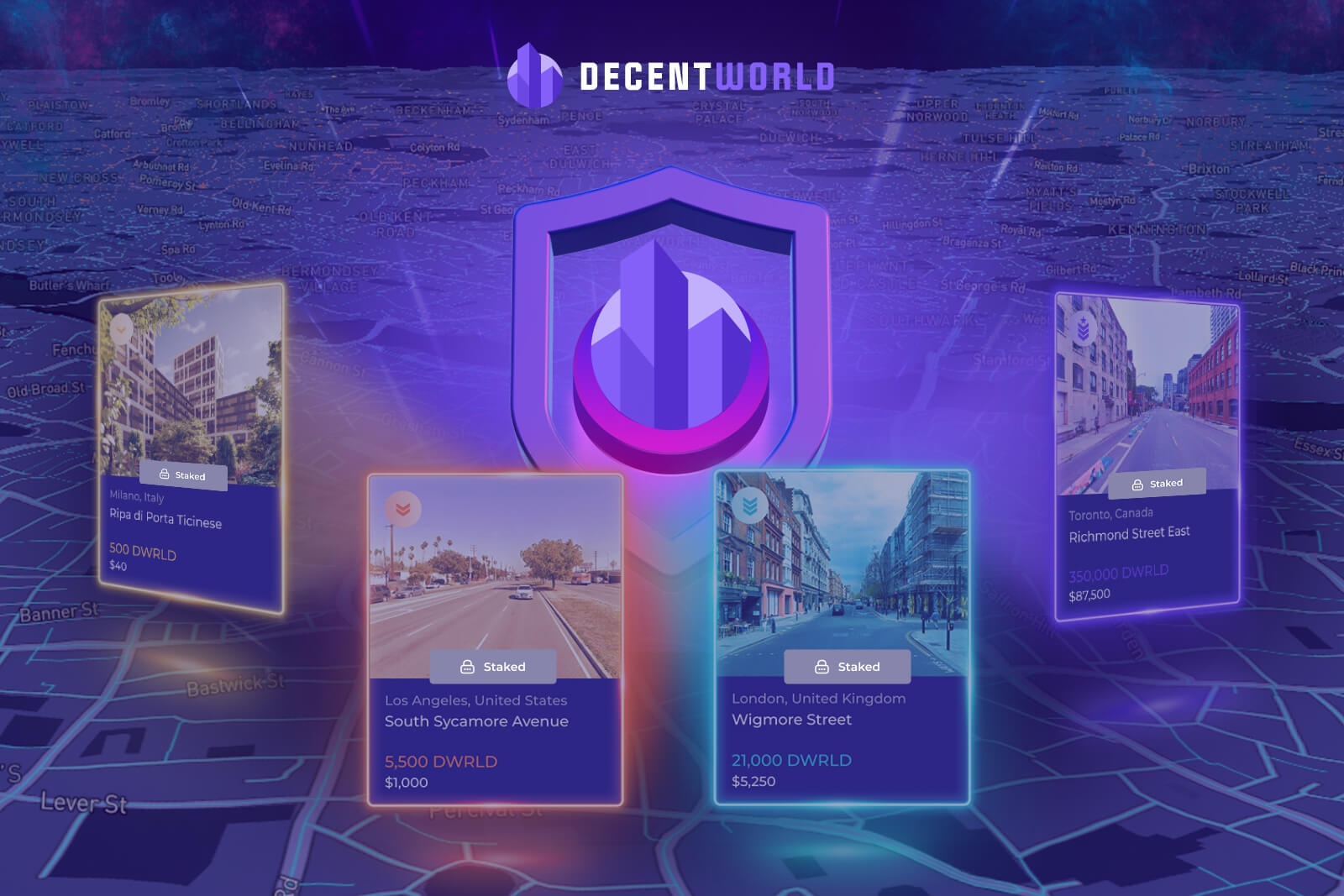 DecentWorld map in the background, collection cards