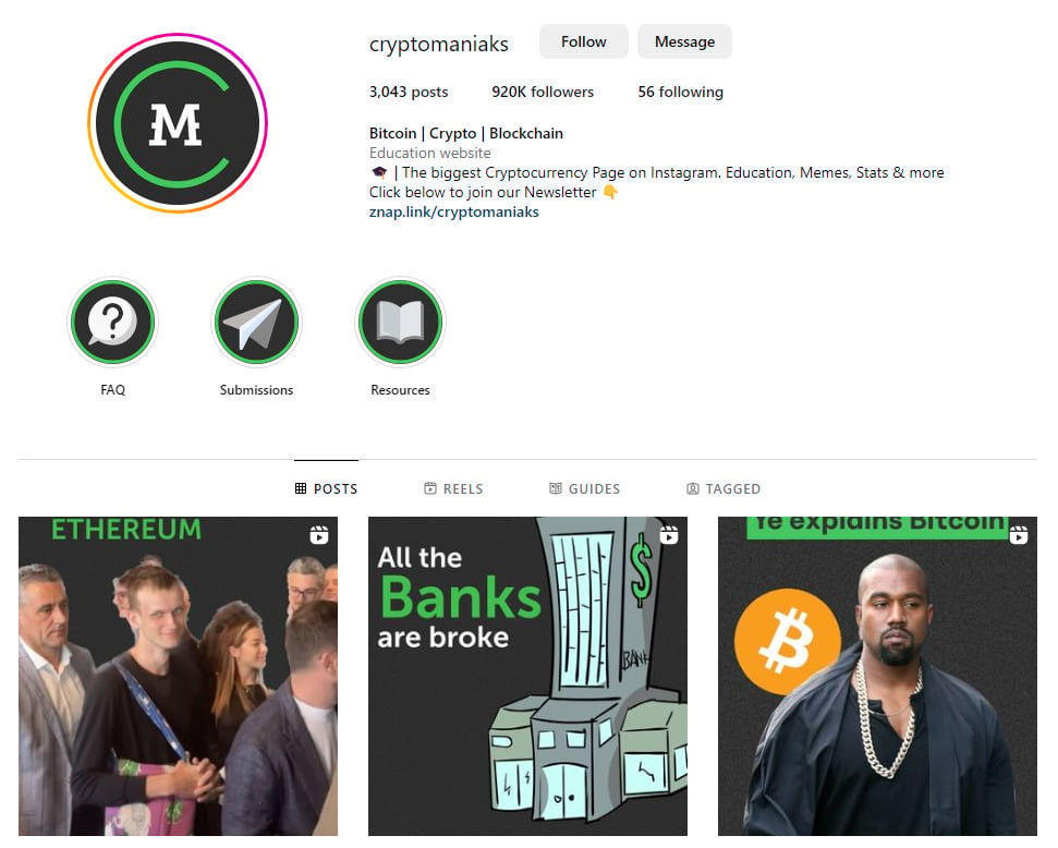 Cryptomaniaks Instagram profile. 