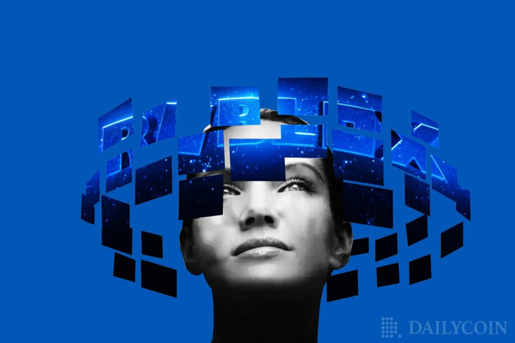 Womans head surrounded by multiple tiny blue computer screens.