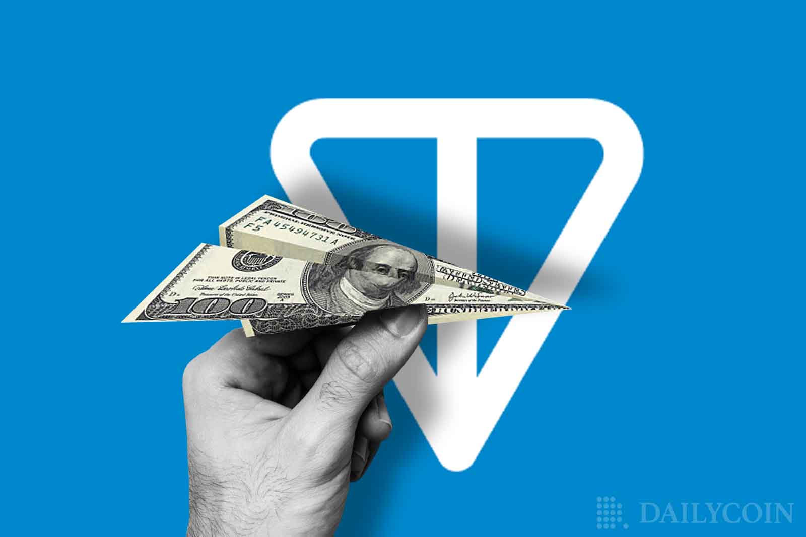 TON logo with a man holding a paper plane made from US currency.