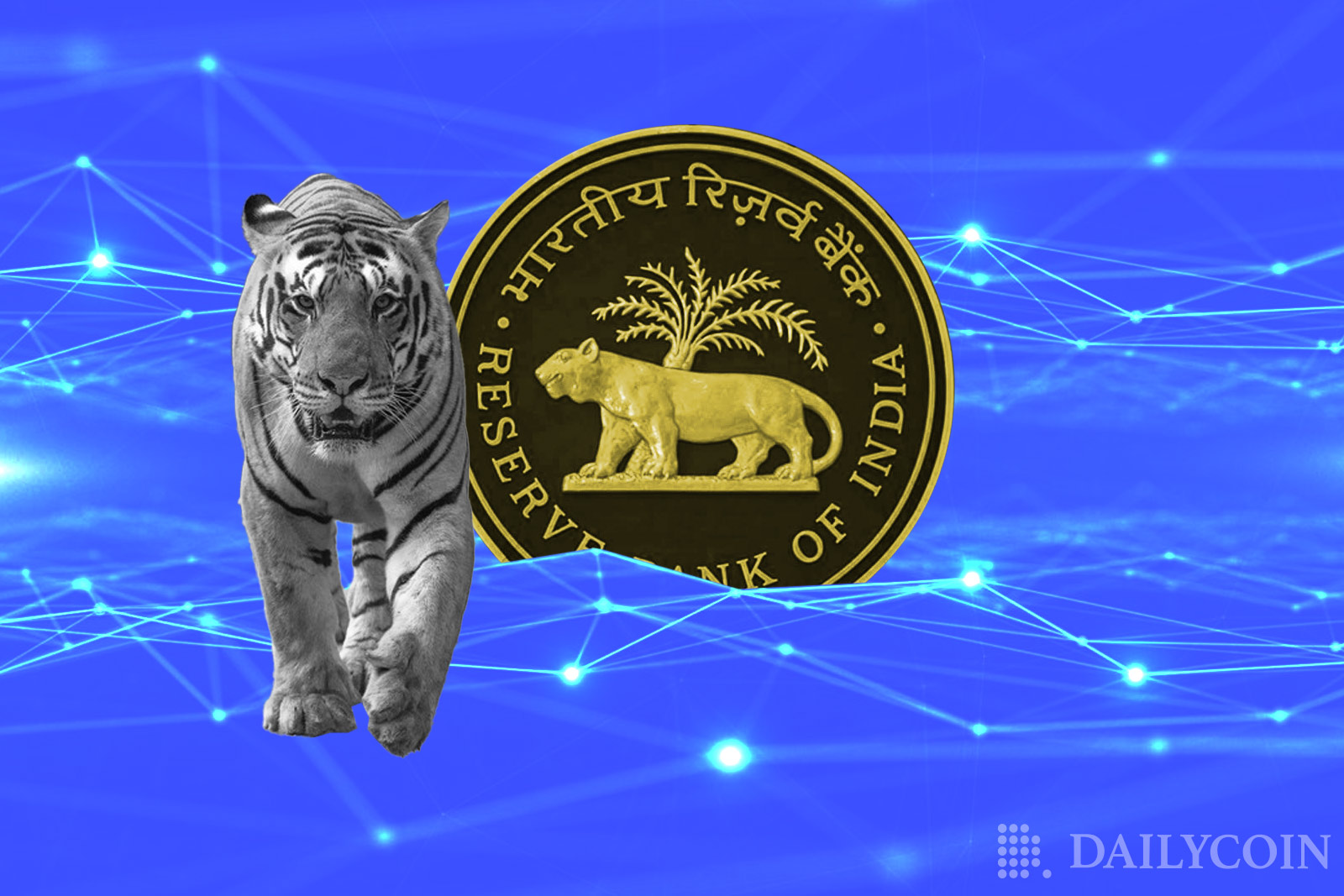 Tiger walking inside of a blockchain next to a CBDC with "Reserve Bank of India" written on it.