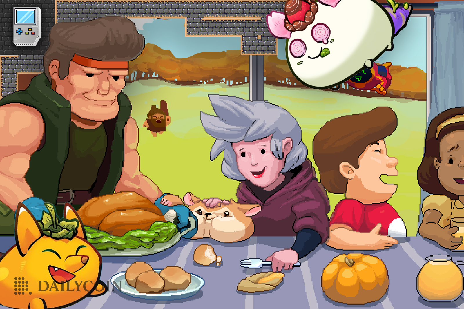 Axie Origin characters eating Thanksgiving dinner