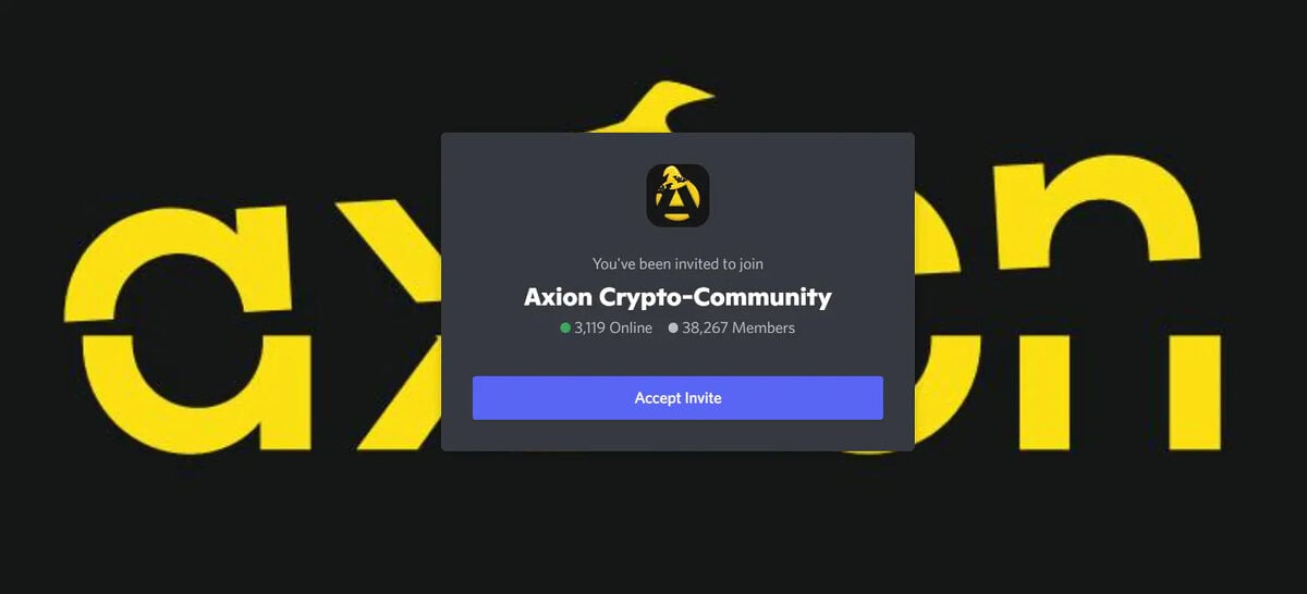 AXION Crypto-Community Discord invitation pop-up window.