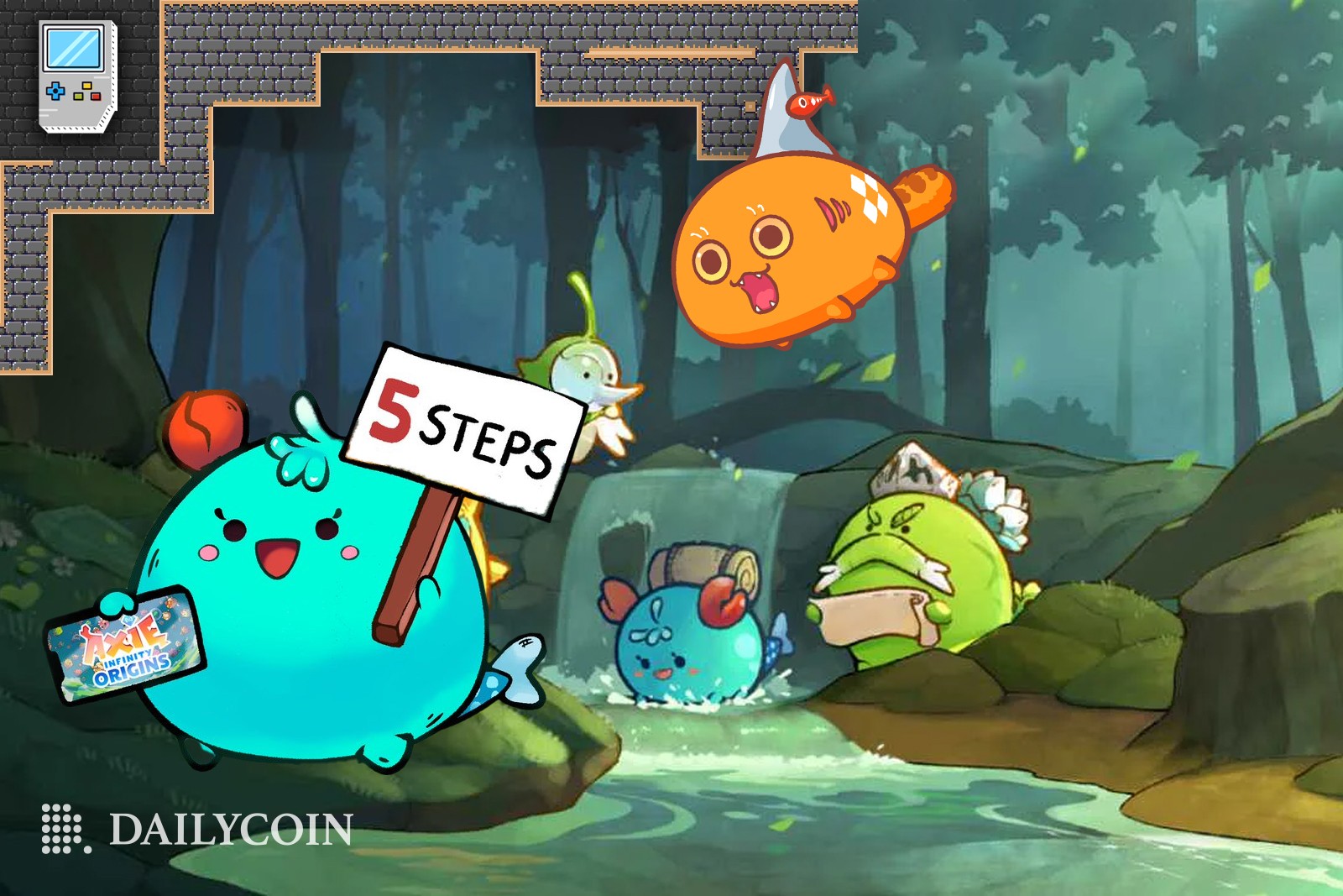 Blue green orange and yellow blobs Characters of Axie Origin game jumping in a forest