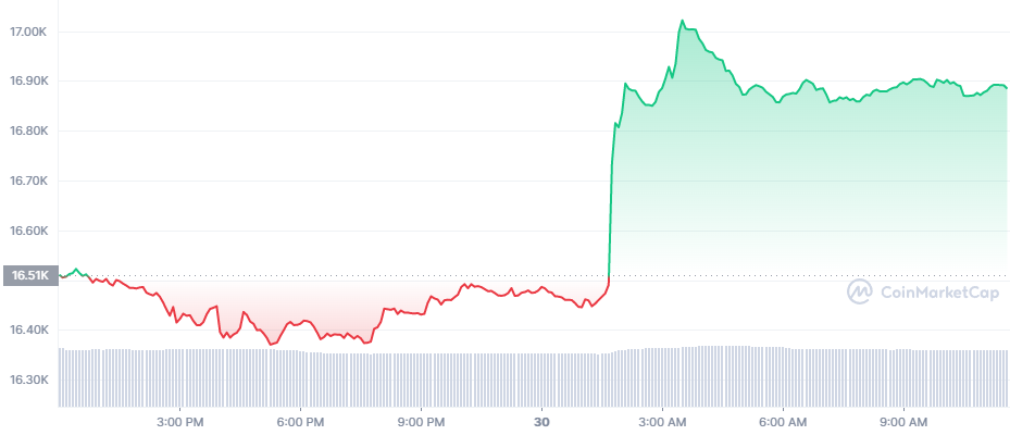 The 24-hour price chart for Bitcoin (BTC)