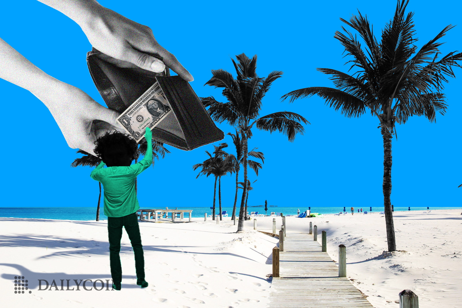 A person is giving a dollar to a huge hands holding a wallet above at a beach with palms