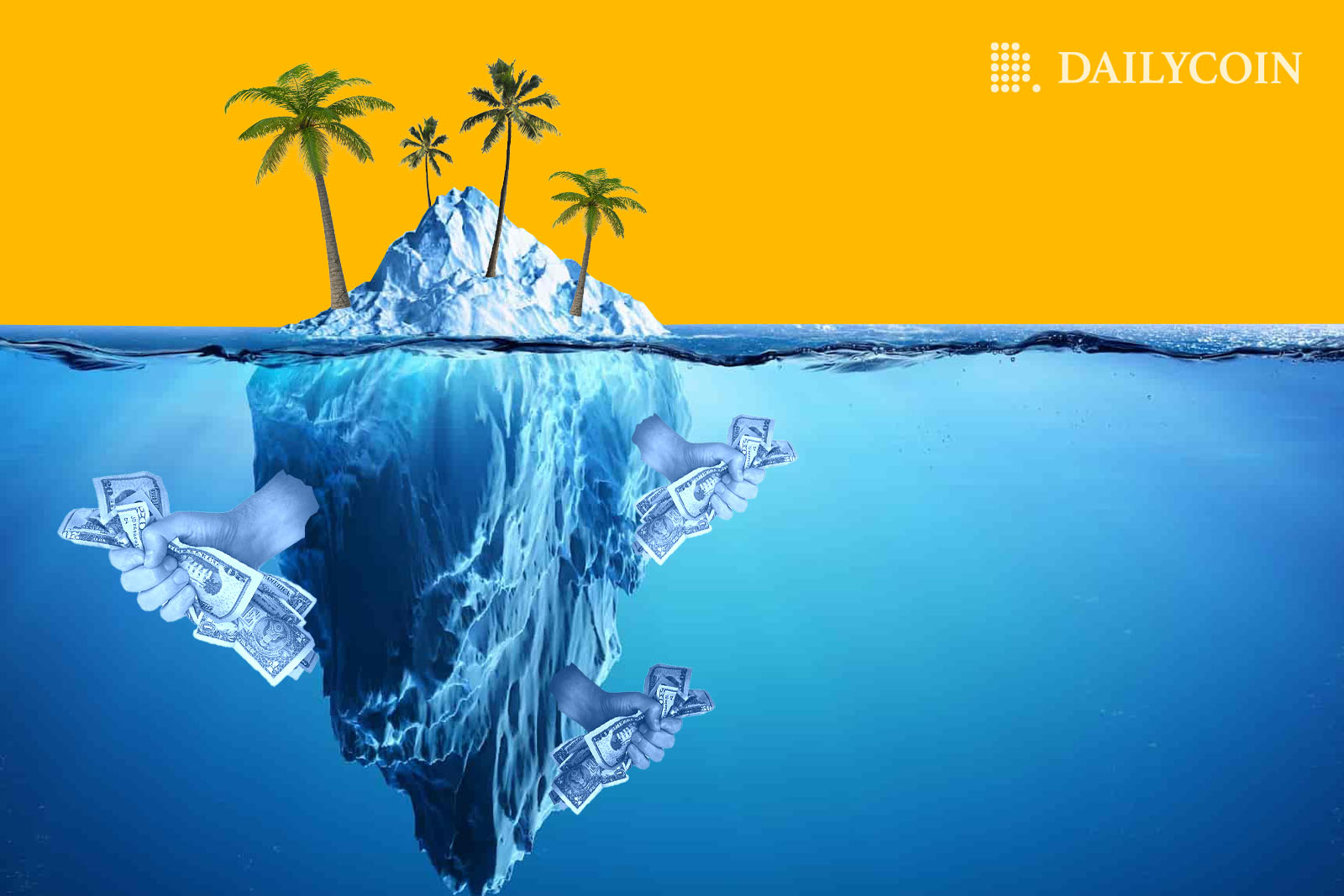 An iceberg in the middle of the ocean with palms on top and hands giving out money.