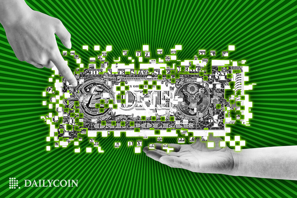 A person is holding a dissinegrating digital one dollar bill on a green background