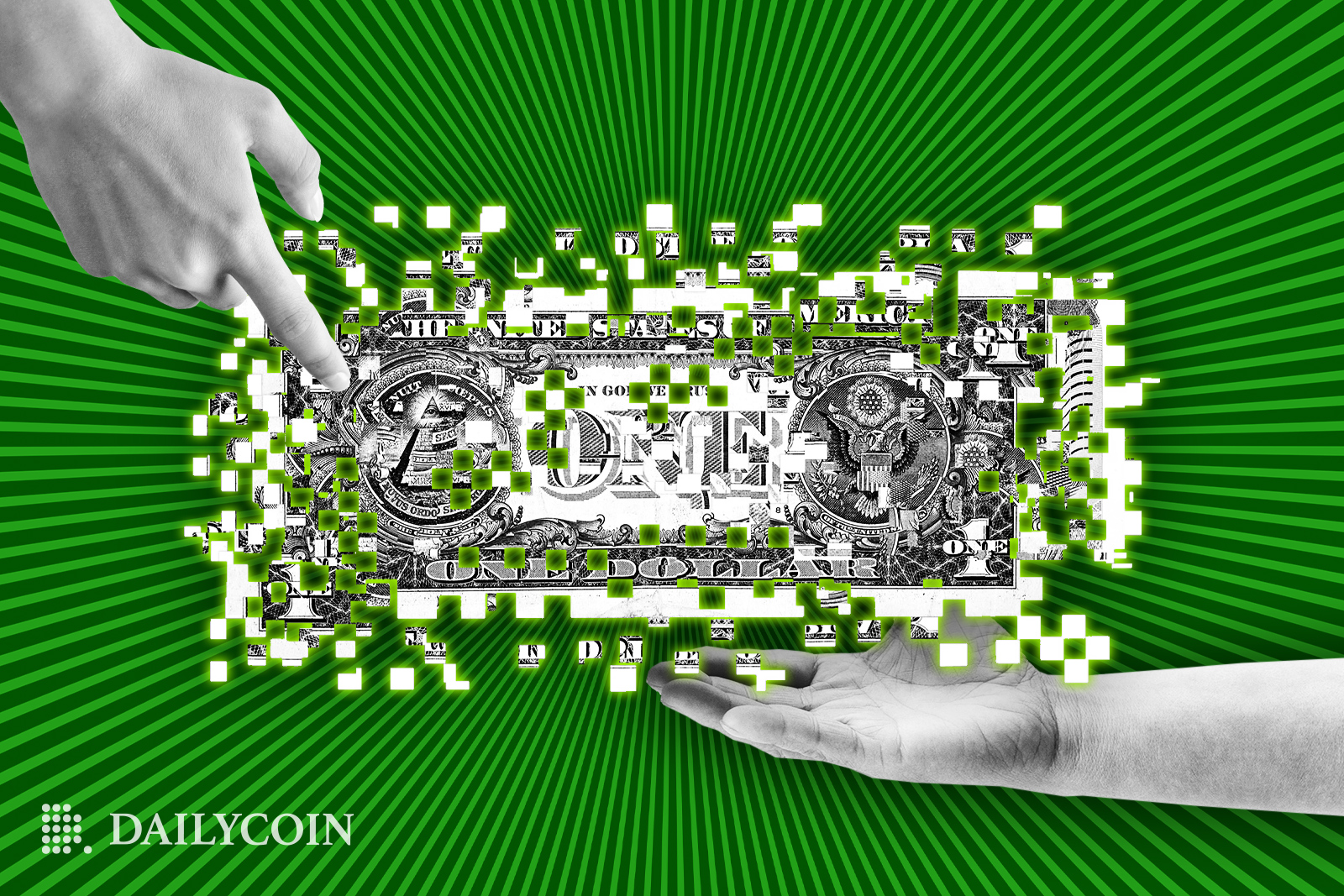 A person is holding a dissinegrating digital one dollar bill on a green background