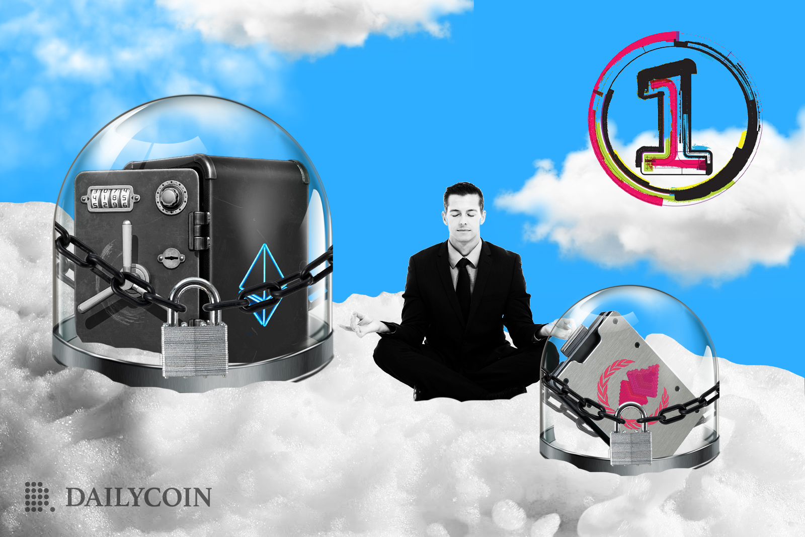 A person is sitting on a cloud near a caged safes in a bubbles with ethereum logo on them and a number one in a circle above