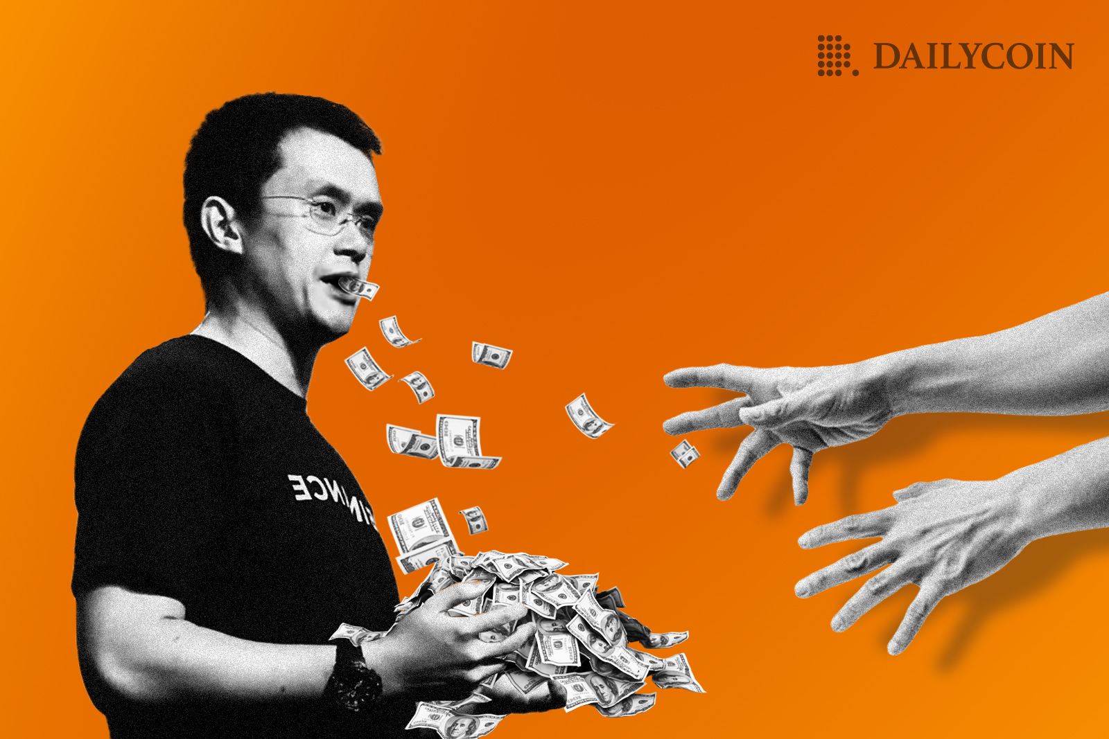 Changpeng Zhao with a pile of cash in hands next to a reaching human hands on an orange background