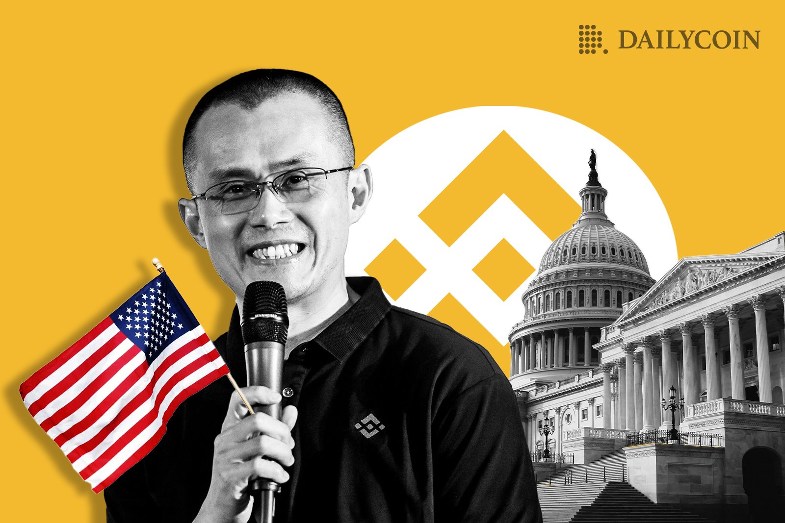 Changpeng Zhao holding a microphone and US flag in front of a capitol on a background with Binance logo