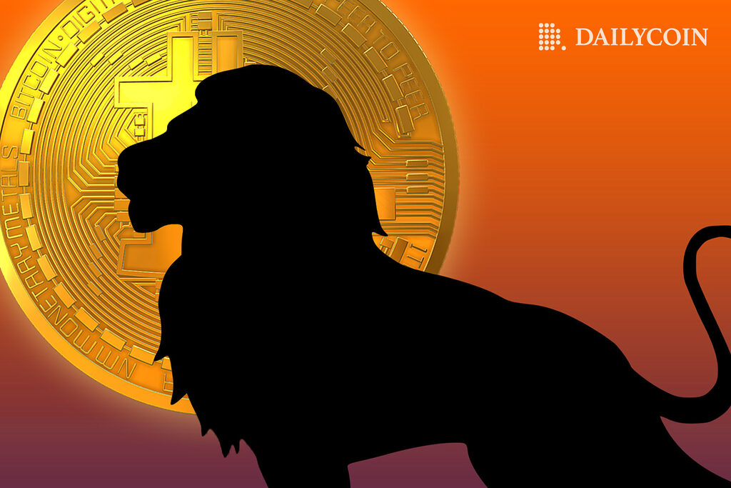 Lion silhouette in front of giant bitcoin coin