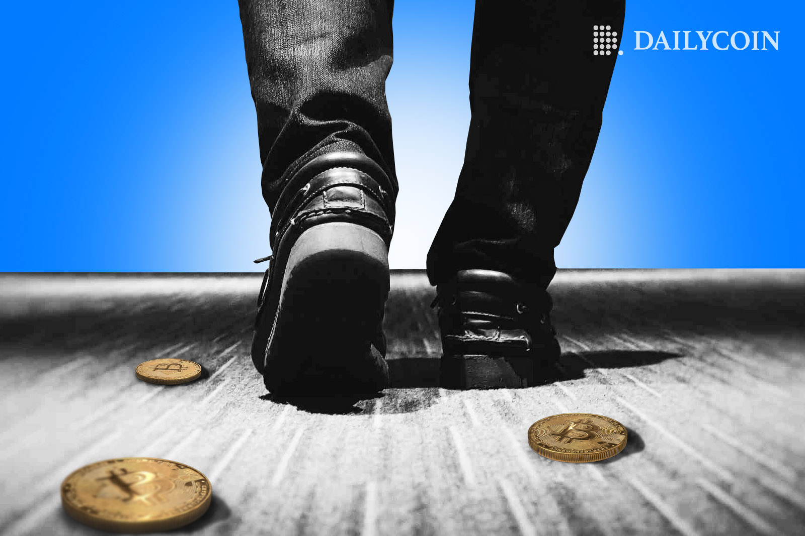 A person is walking towards a blue background on a grey carpet with bitcoins scattered around