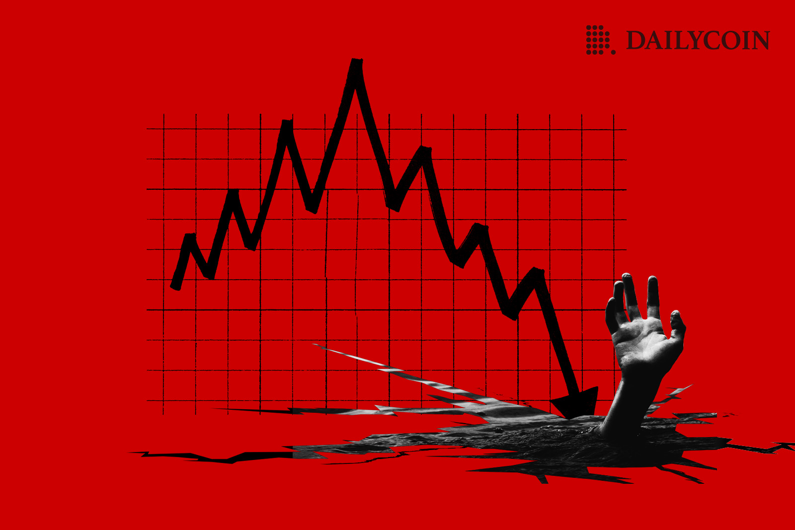 A chart on red background next to a hand coming out of the ground