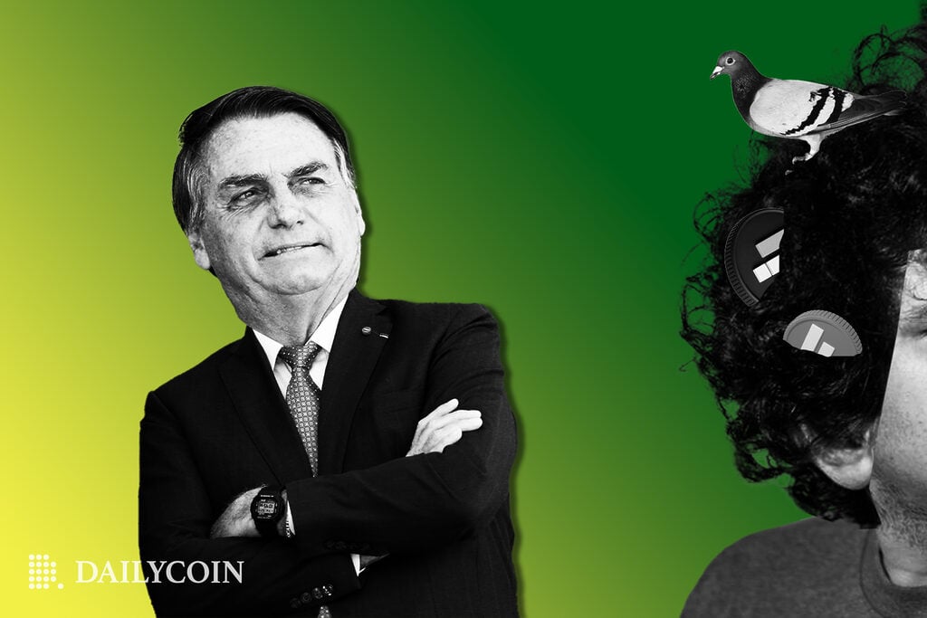 President of Brazil Jair Bolsonaro are looking at Sam Bankman Fried with a pigeon and crypto coins in his hair