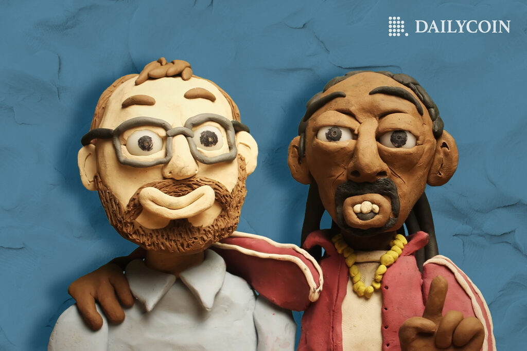Charles Hoskinson and Snoop Dogg made of clay hugging