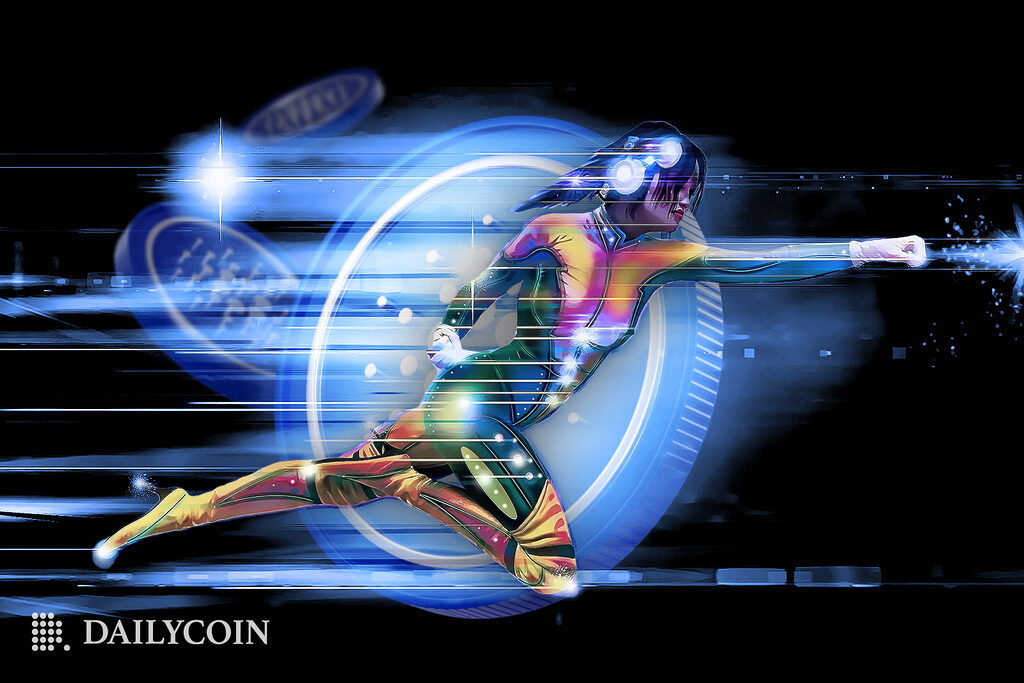Human with colorful futuristic rainbow running suit flying with crypto coins