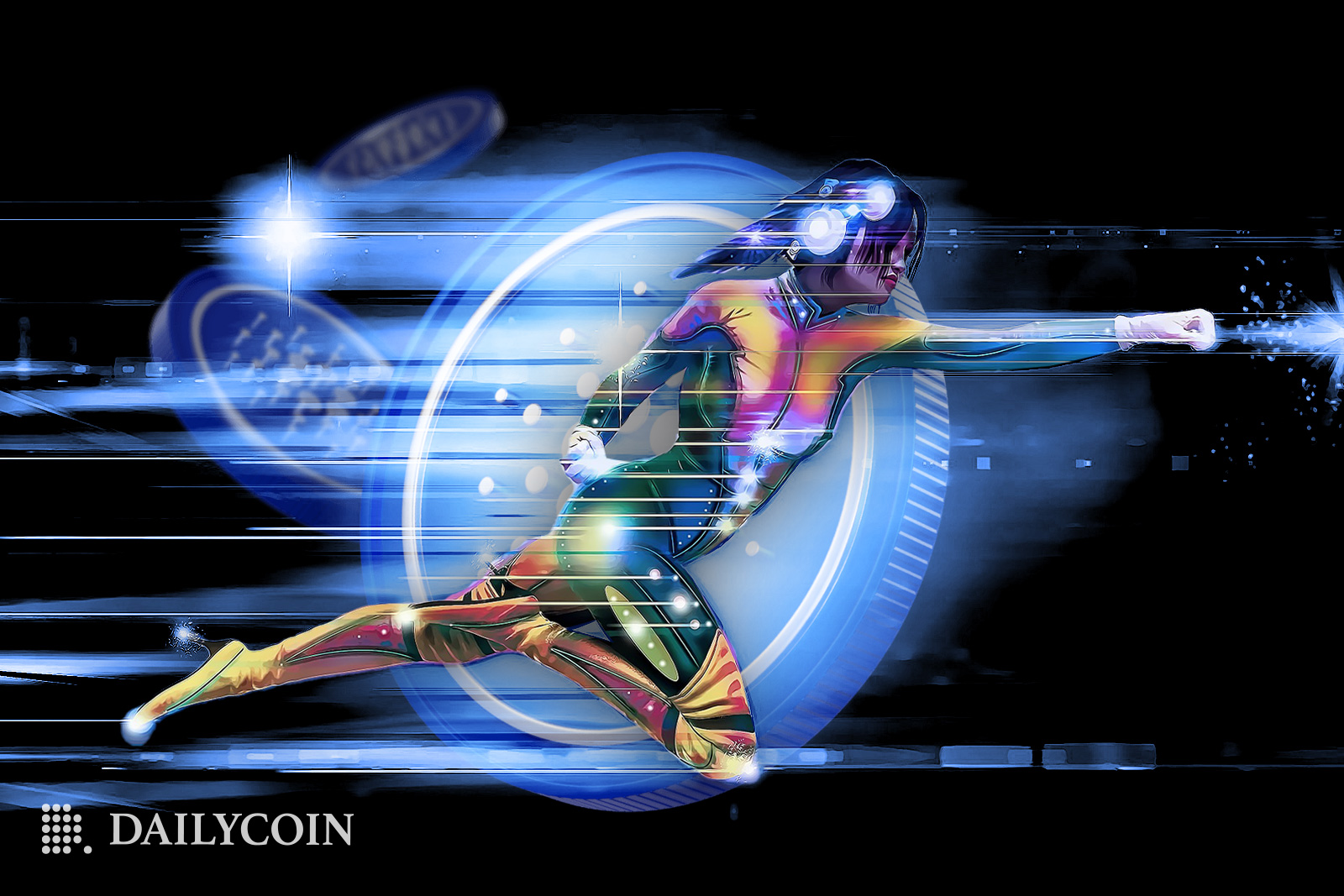 Human with colorful futuristic rainbow running suit flying with crypto coins