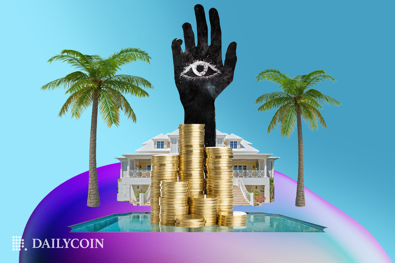 Hand with white eye on palm behind crypto coins stack in between palms