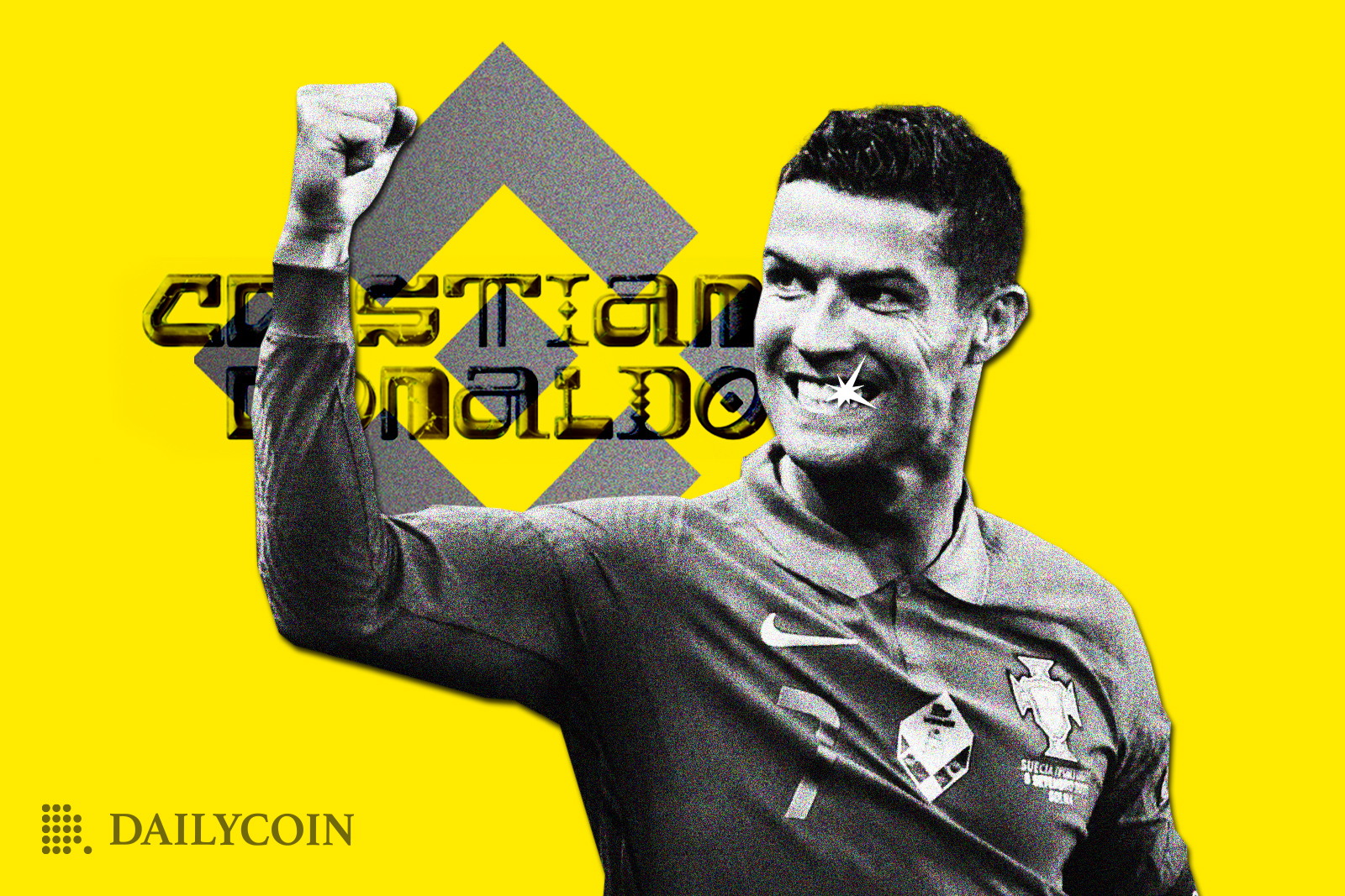 Happy football star Christiano Ronaldo on a yellow background