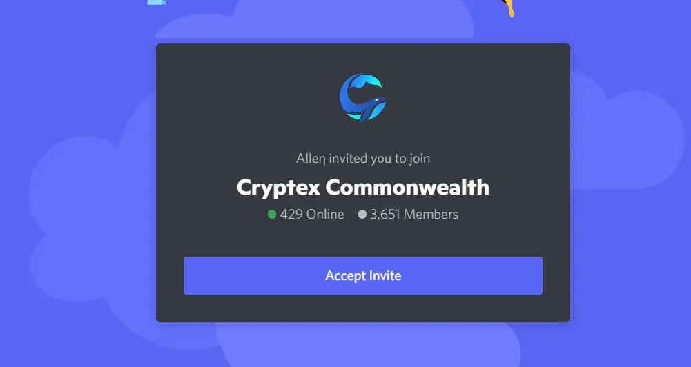 Cryptex Commonwealth Discord invitation pop-up window.