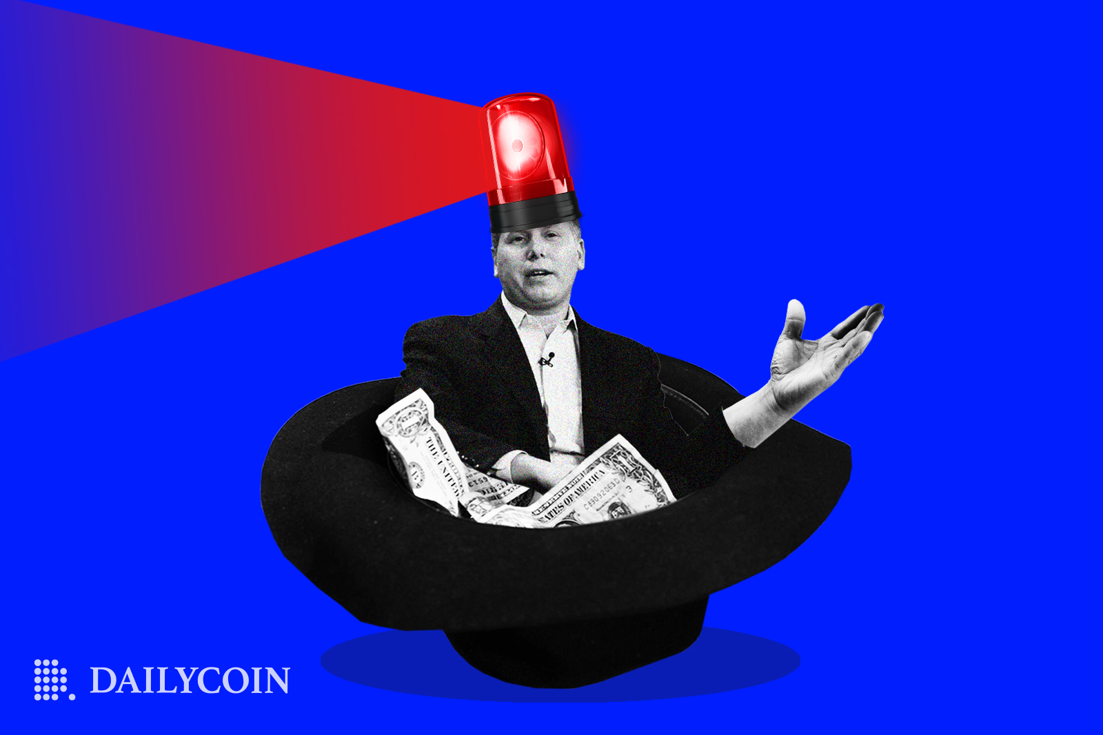 Barry Silbert with a red police siren on his head is sitting in a black cap full of dollars