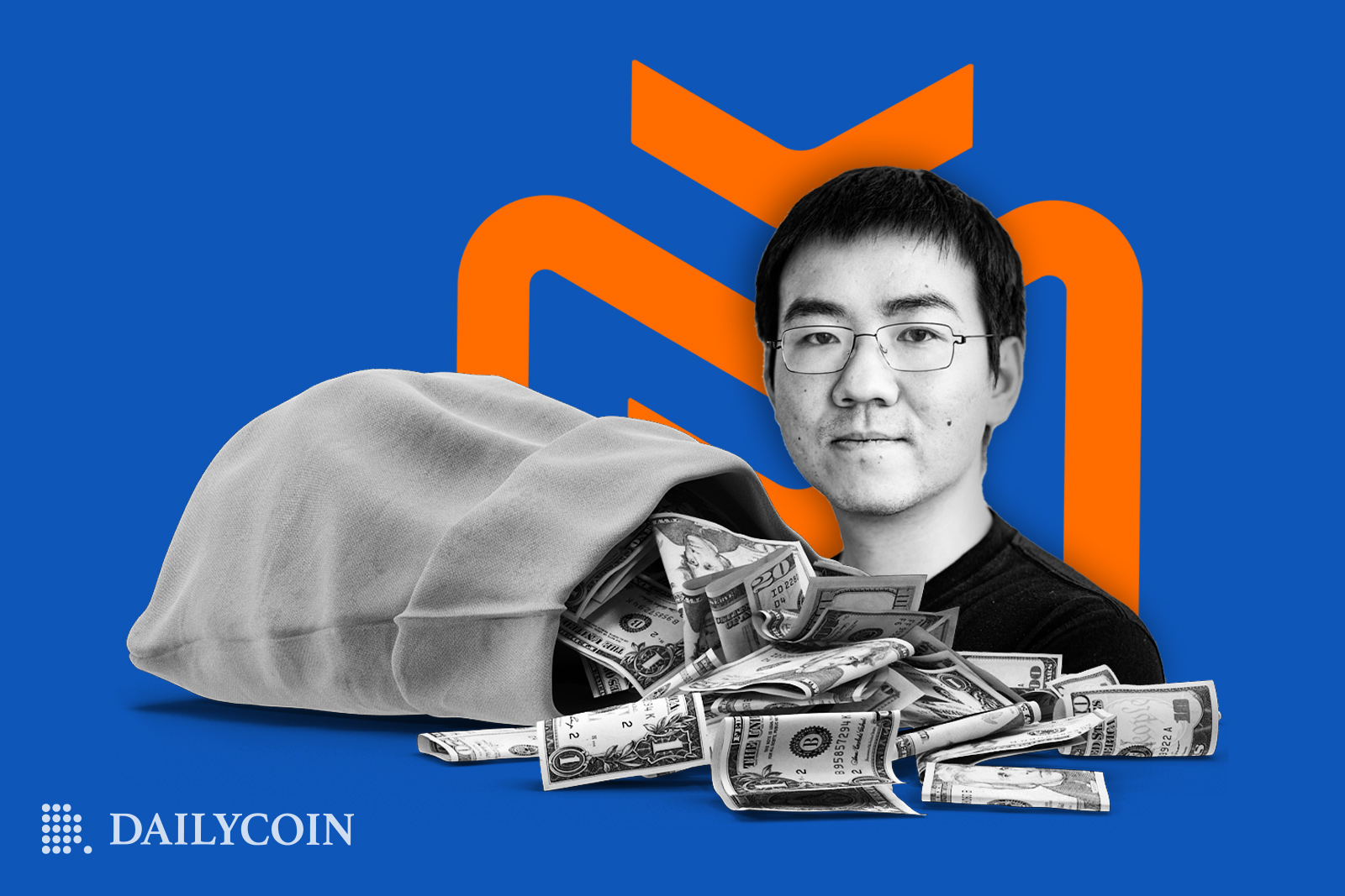 Jihan Wu next to sack full of cash in front of Matrixport logo
