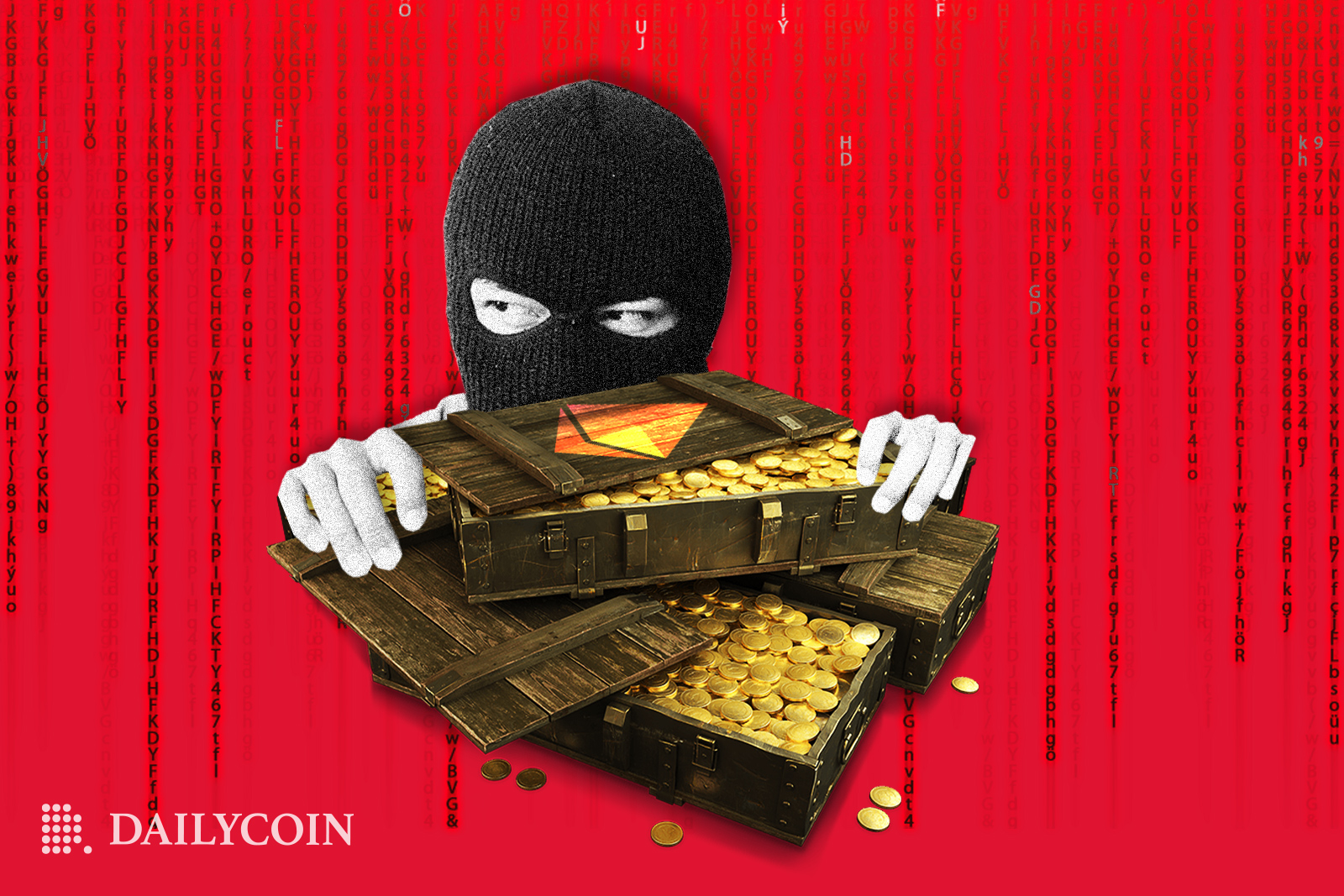 A person with a black mask on is hiding behind brown chests full of gold coins on a red background