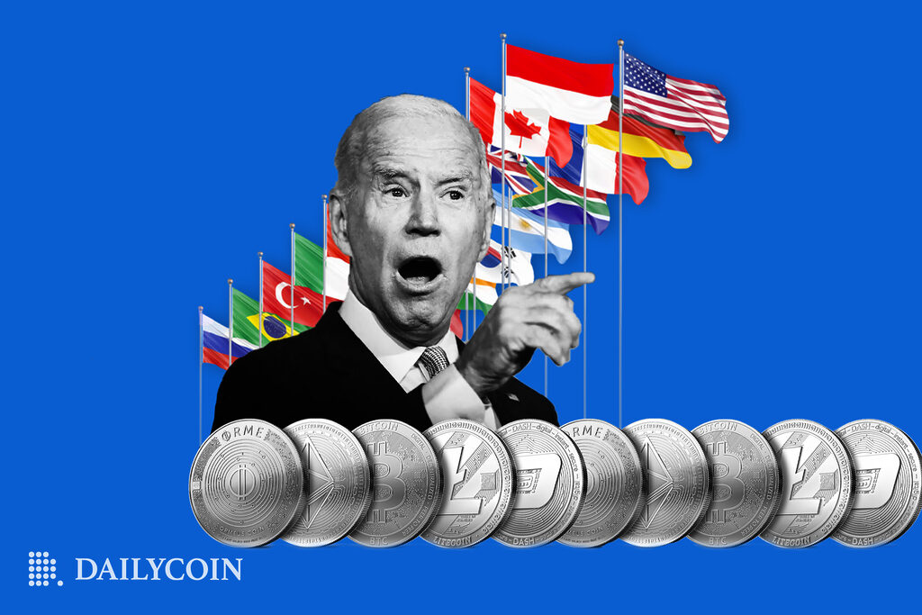 Joe Biden is giving a speech behind crypto coins on a blue background with flags