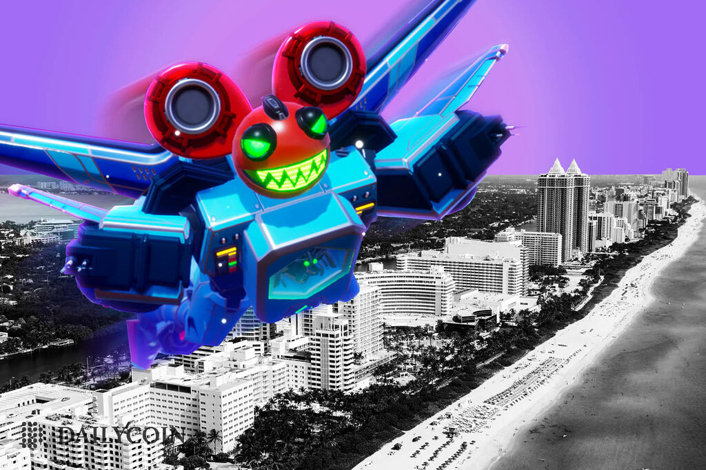Blue robot with Deadmau5 head flying away from Miami beach