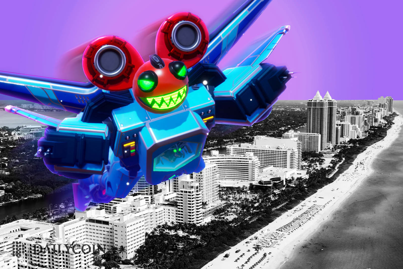 Blue robot with Deadmau5 head flying away from Miami beach