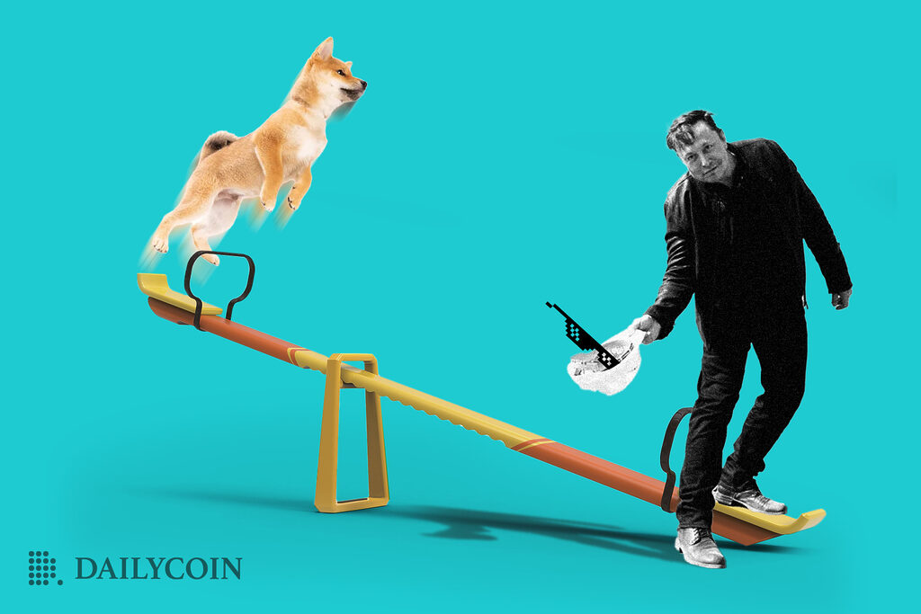 Elon Musk holding a cap with sunglasses in it and Shiba Inu on a seesaw