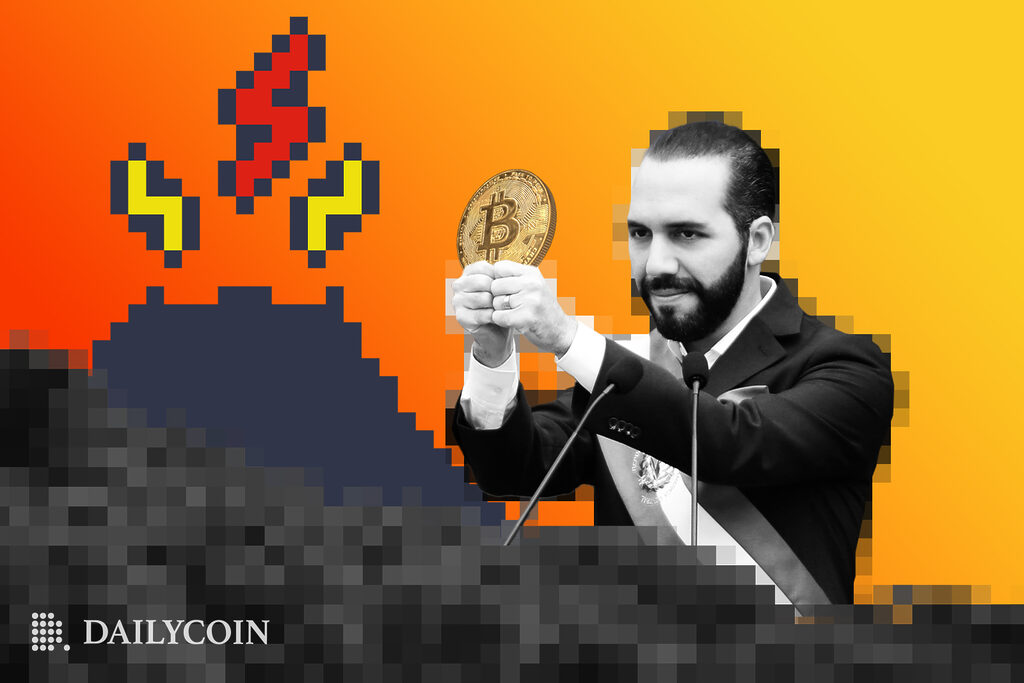 El Salvador president Bukele is holding a bitcoin coin in front of an active volcano