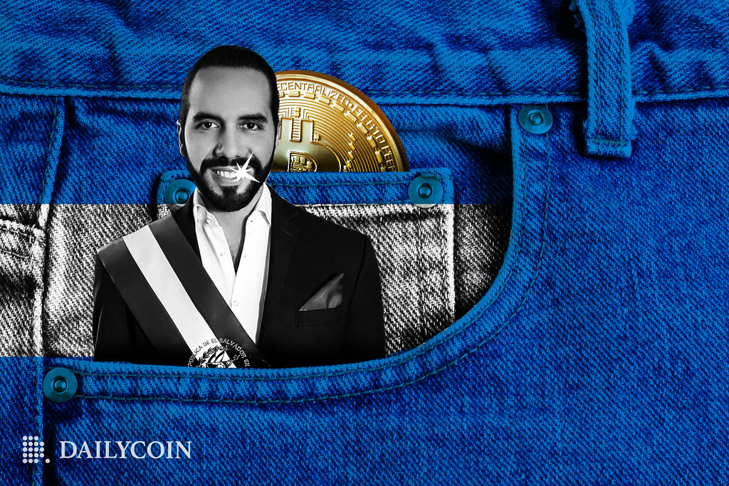 President of El Salvador Nayib Bukele smiling in the blue jeans pocket behind a bitcoin coin with a white spark on his teeth