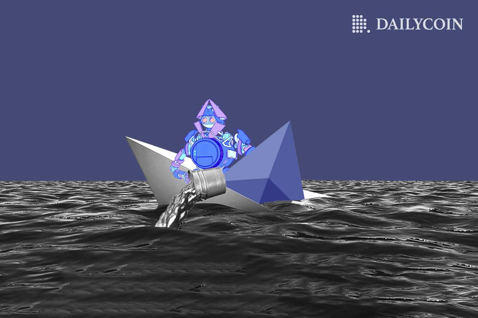 Ethereum eth logo in a paper boat in the sea