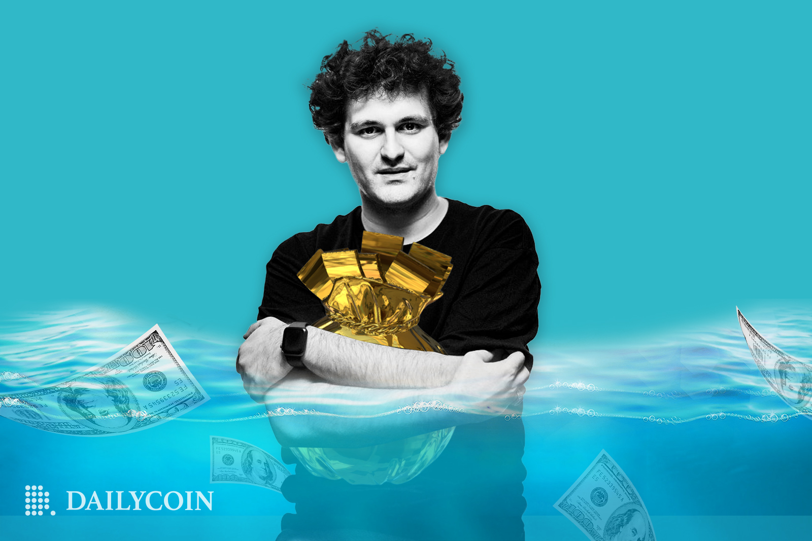 Sam Bankman-Fried standing in the water and holding a bag of cash
