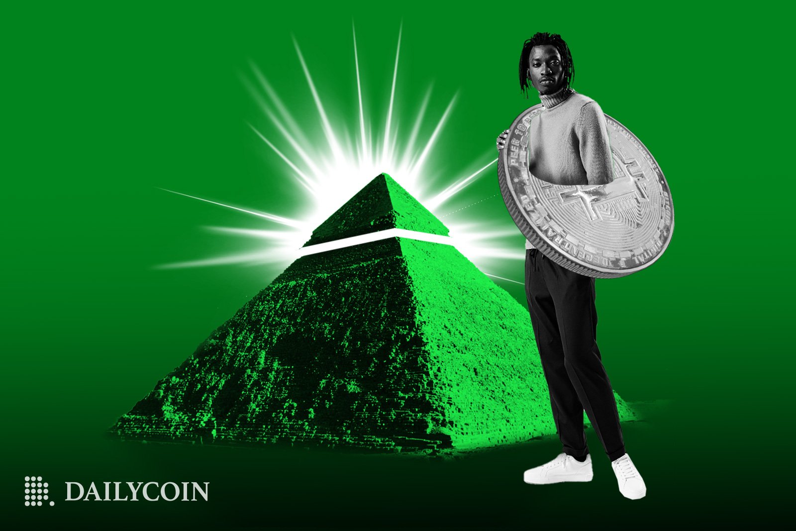 Person inside Bitcoin coin standing next to green pyramid with shining top