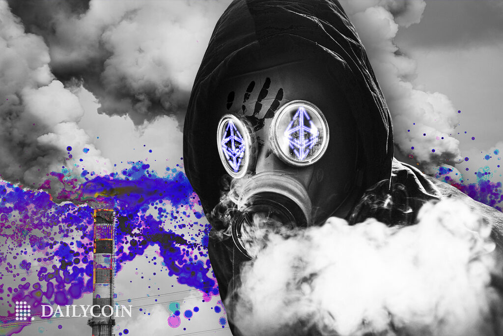 Human wearing gas mask with ethereum logo on eyes next to smoke