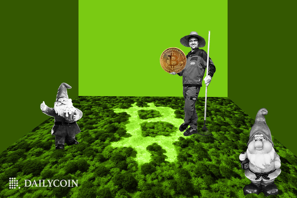 A farmer is holding a giant bitcoin coin on grass with bitcoin symbol and two gnomes