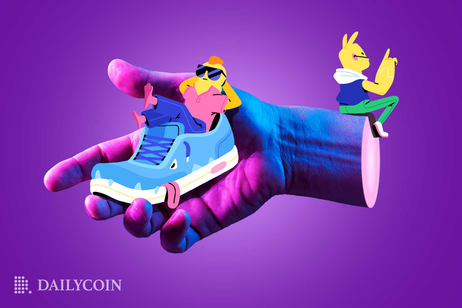 A hand holding a shoe with a tiny cartoon character sitting inside of it.